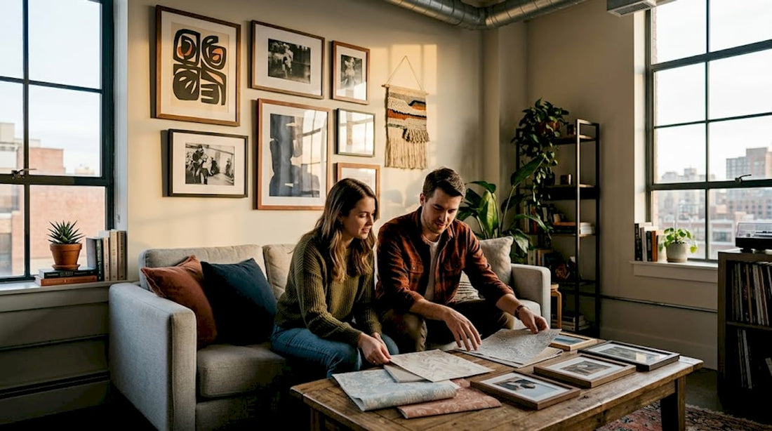 Couple reviews wall decor samples in living room