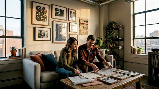 Couple reviews wall decor samples in living room