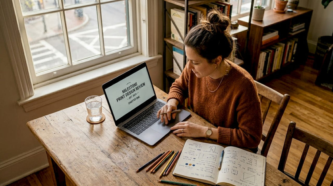 Woman creating milestone print at home