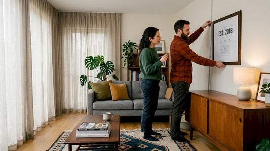 Couple preparing to hang milestone print