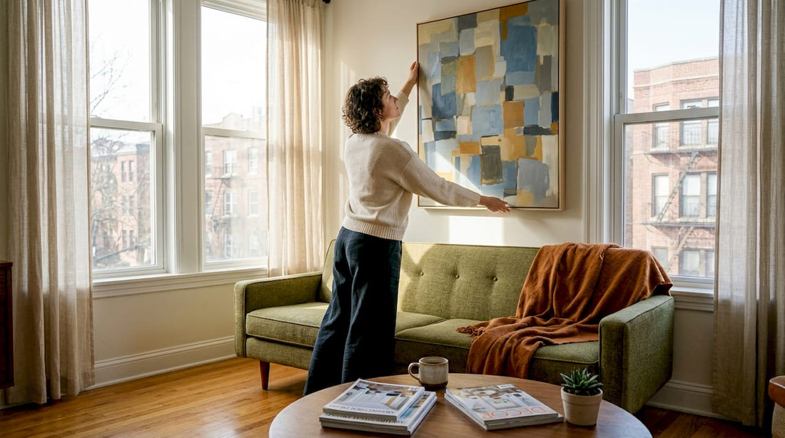 Woman hanging abstract art in bright living room
