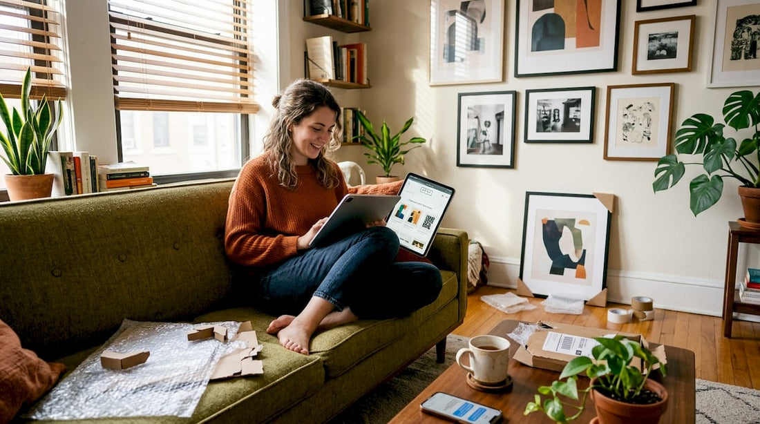 Woman browsing art online in home living room