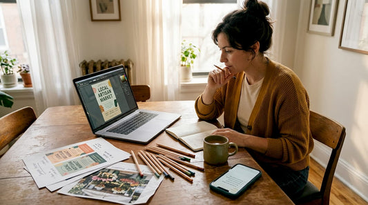 Woman designing personalized poster at table