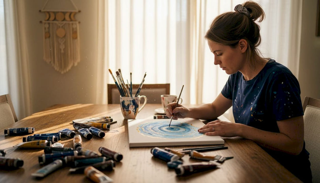 Woman painting zodiac wall art in home