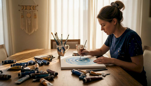 Woman painting zodiac wall art in home