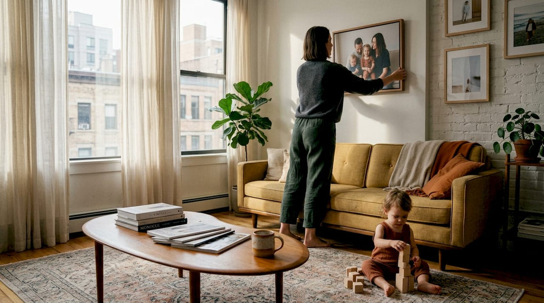 Woman hanging custom canvas in home living room