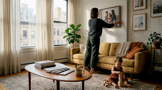 Woman hanging custom canvas in home living room