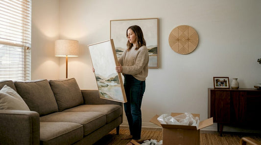 Woman comparing wall art in living room