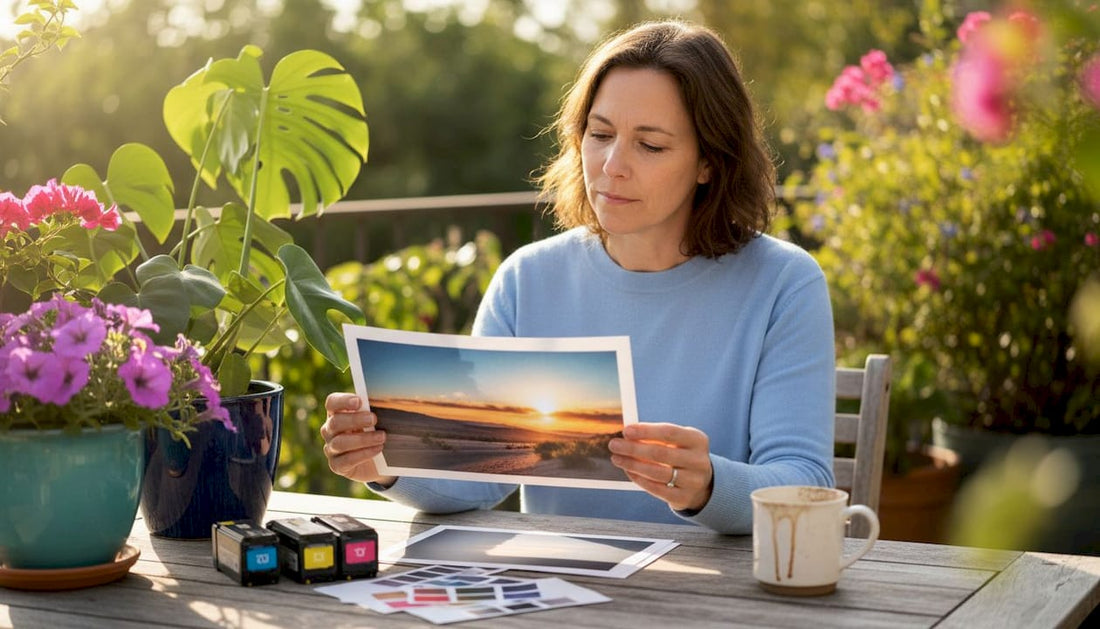 Person reviewing printed photo at kitchen table