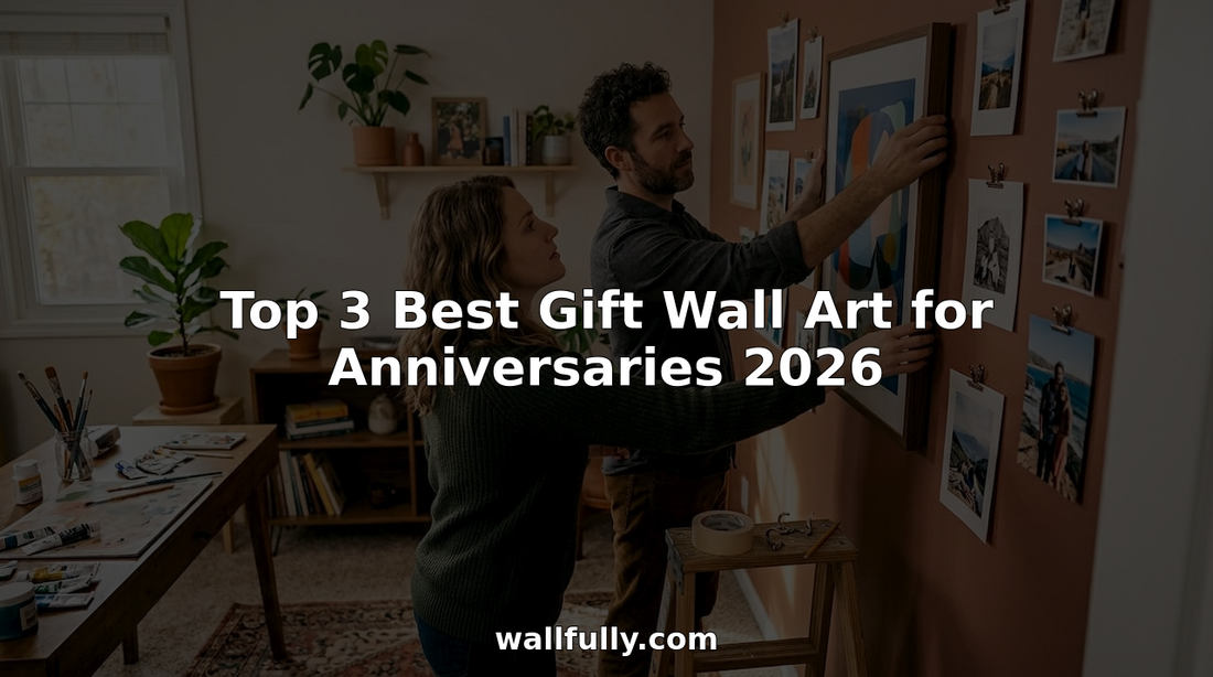 Couple arranging framed wall art for anniversary
