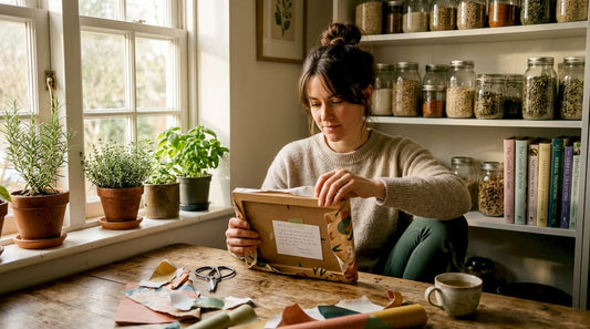 Woman opening personalized gift at home