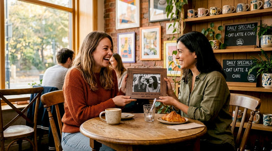 Friends exchanging personalized gift in cozy living room