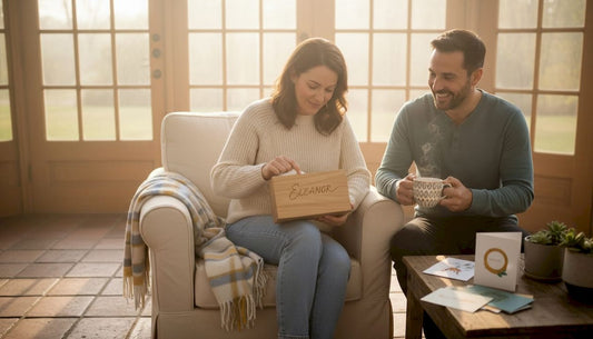 Woman opening personalized gift on sofa