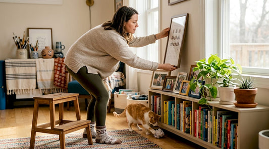 Woman hangs milestone print in sunlit living room