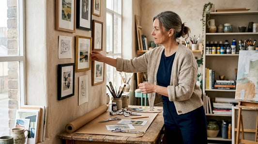 Woman arranging wall decor in living room
