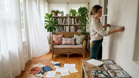 Woman measuring wall in real living room