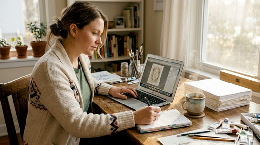 Woman reviews print preview on laptop at home