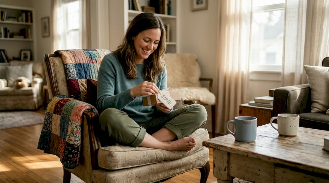 Woman unwrapping personalized gift on sofa