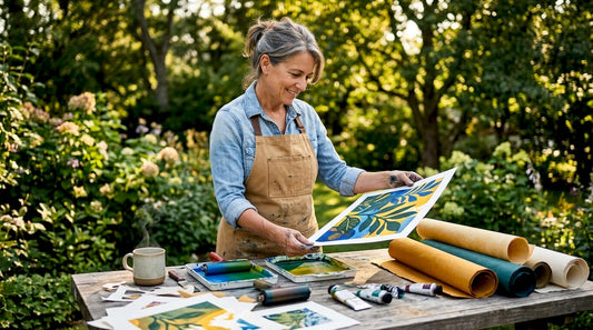 Printmaker reviewing vivid art print in studio
