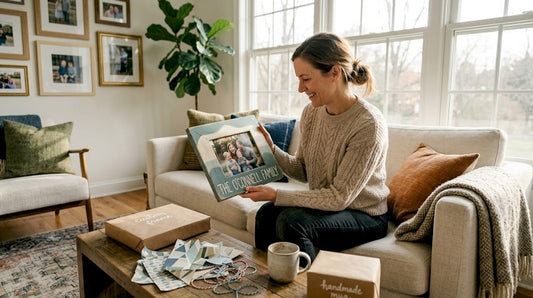 Woman examining a personalized custom gift in living room