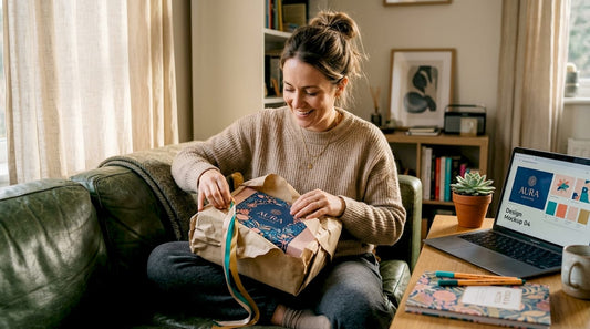 Unboxing personalized gift on couch