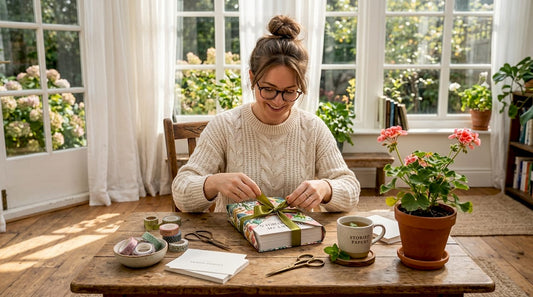 Woman prepares personalized gift in sunlit living room