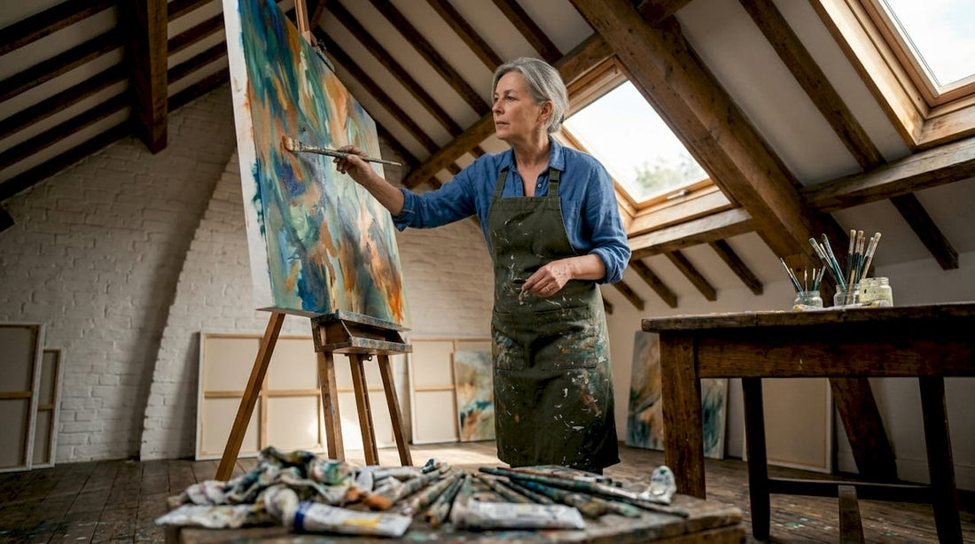 Artist painting abstract canvas in sunlit studio