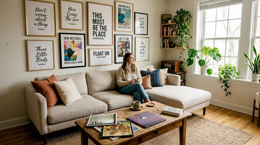 Living room with diverse lyric wall prints