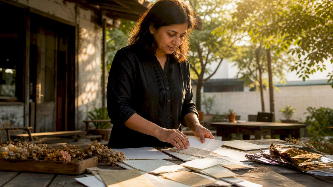 Woman selecting paper in bespoke print workshop