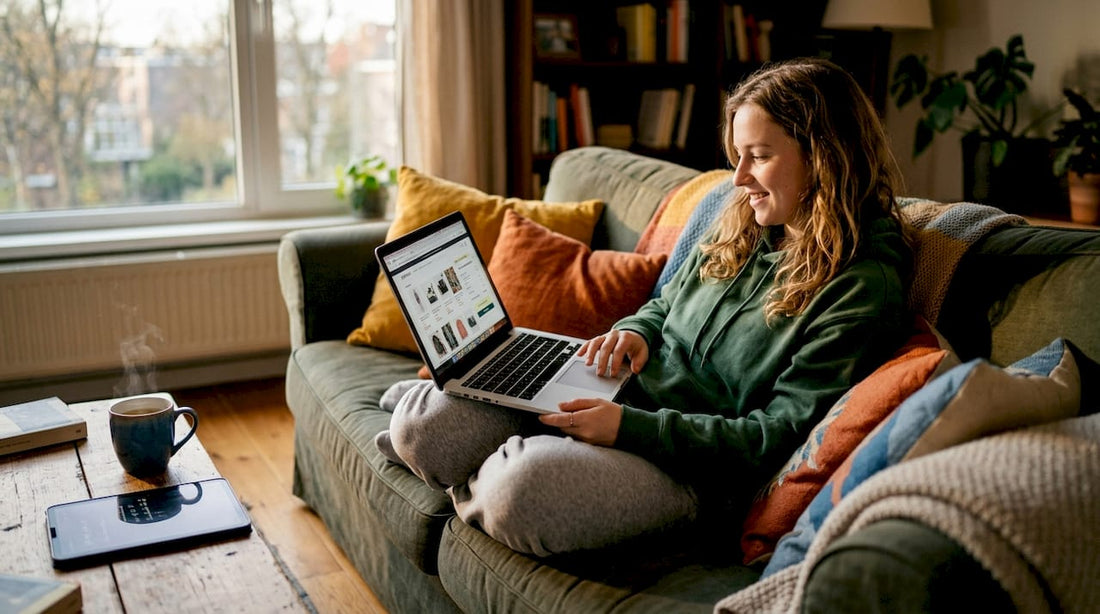 Woman shopping online with free shipping displayed