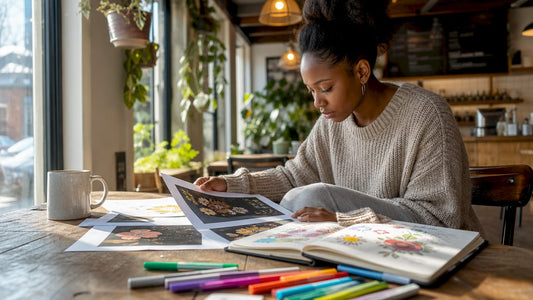 Woman reviewing lyric poster drafts at desk