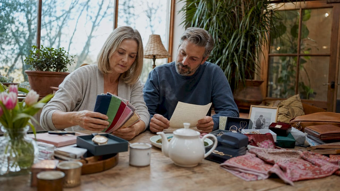 Couple choosing anniversary gifts at kitchen table