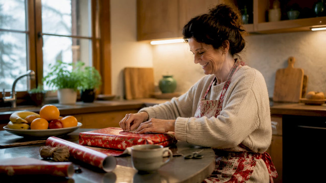 Woman wrapping gift in living room