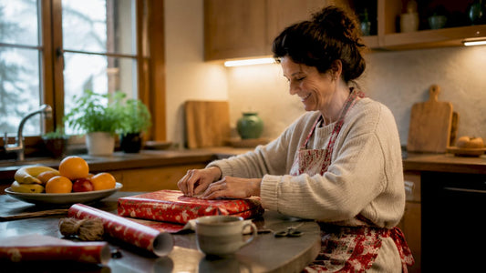 Woman wrapping gift in living room