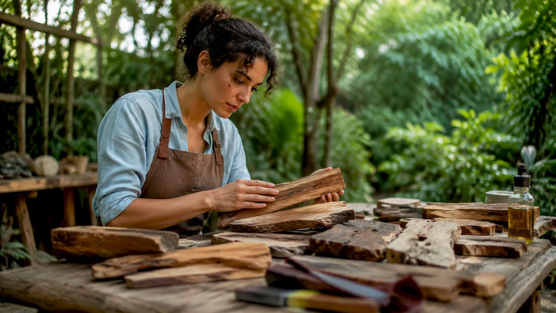 Artisan selecting reclaimed wood for eco wall art