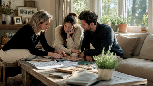 Interior designer consulting couple in living room