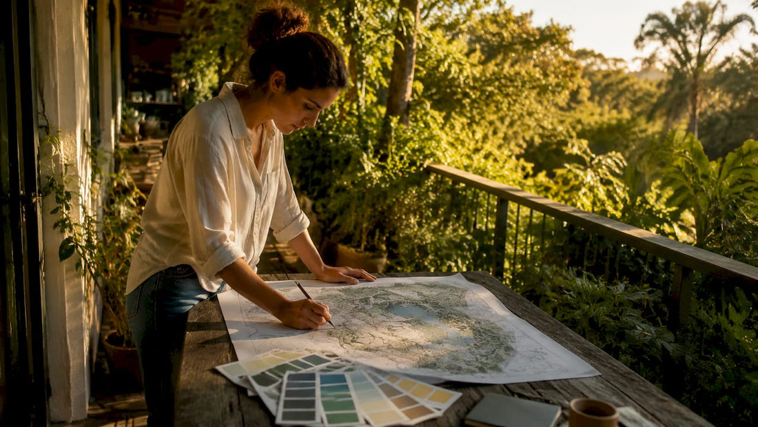 Designer reviewing printed base map in home studio