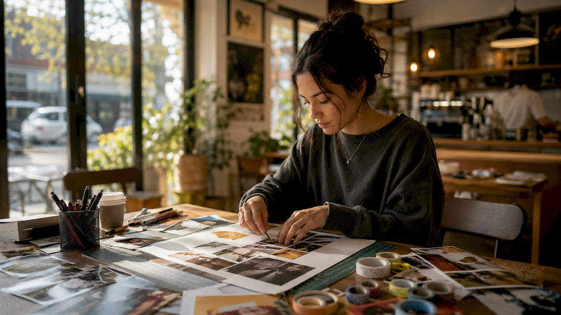 Designer arranging photos for collage poster
