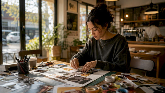 Designer arranging photos for collage poster
