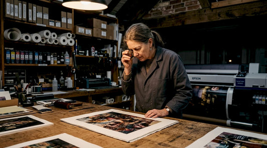 Print technician reviewing archival print quality