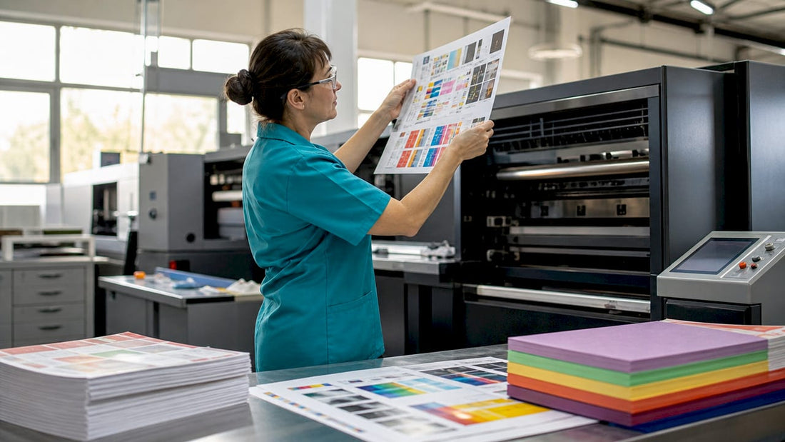 Technician inspecting digital offset printer