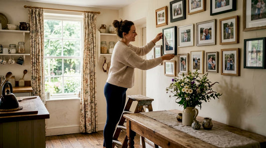 Mother arranging family milestone photos on wall