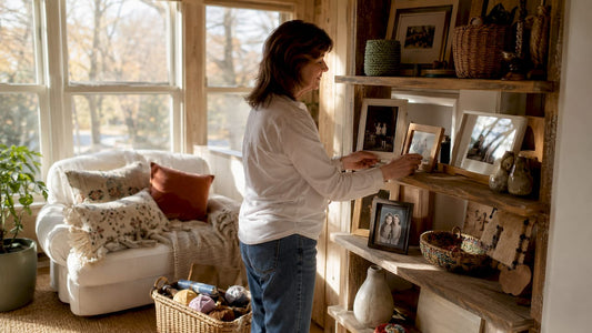 Woman arranging personal decor in living room