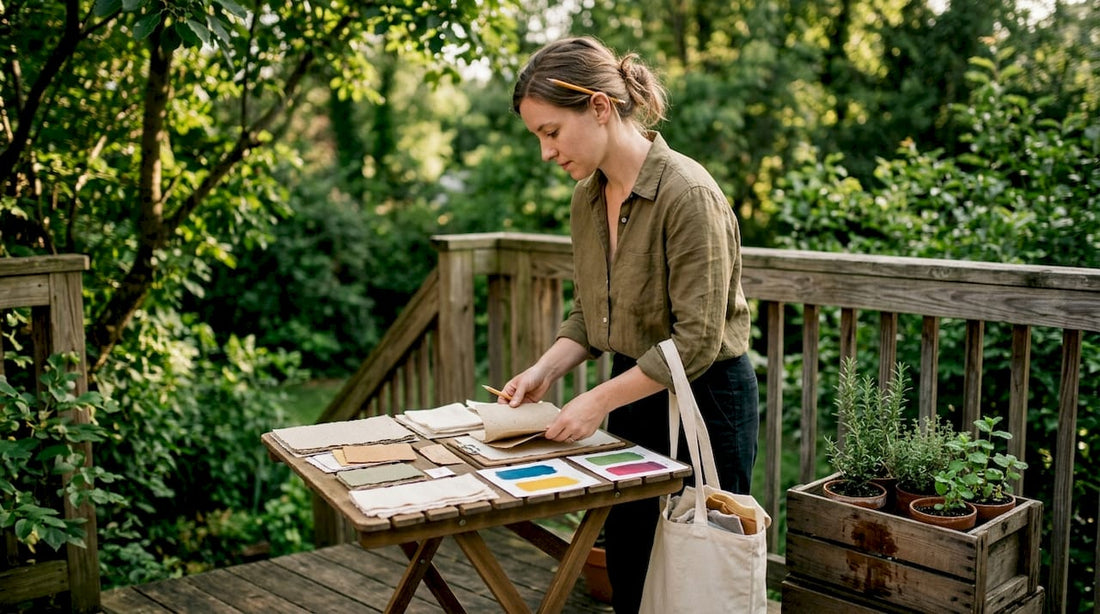 Eco-conscious designer reviewing sustainable print samples