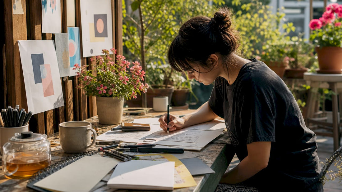 Designer sketching custom poster at home studio