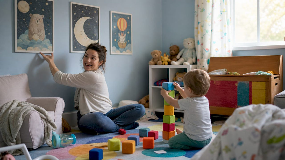 Mother selecting wall art in child's room