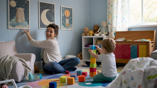 Mother selecting wall art in child's room