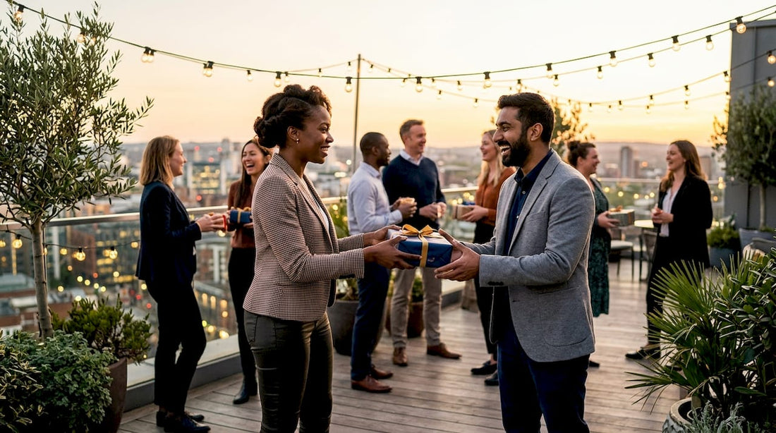 People exchanging personalized promotional gifts at event