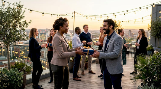 People exchanging personalized promotional gifts at event