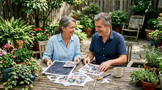 Couple arranging personalized anniversary art at home